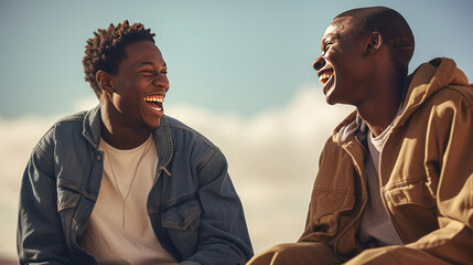 Two young African Americans laughing outdoors
