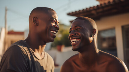 Two young African Americans laughing outdoors

