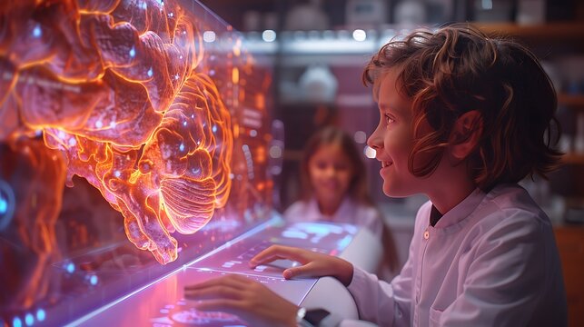 Capture a pediatrician using a holographic interface to show a child patient the anatomy of the ear in 3D.