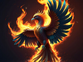 Obraz premium A majestic phoenix reborn from digital ashes in a blaze of holographic flames. Generatice AI