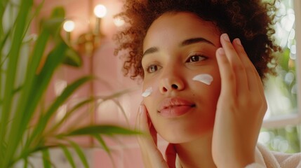 A woman applying moisturizer or serum to her face, showcasing a skincare routine.