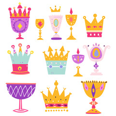 Miniature royal treasures: a set of gleaming silver crowns and goblets on a neutral gray backdrop