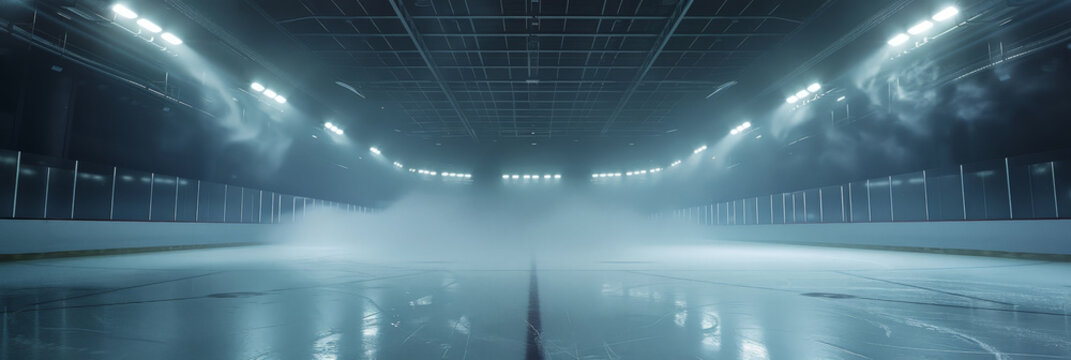 ice rink with fog, smoke and a dark sky background, empty stadium Hockey ice rink sport arena 