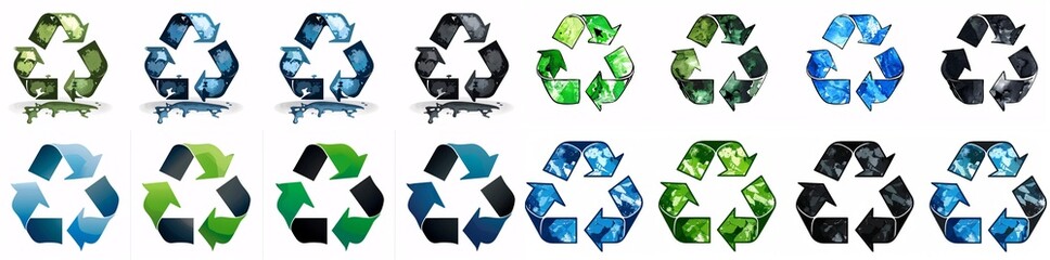 Fototapeta premium Four different green blue and black vector icons of the recycle logo