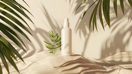 A mockup of sunscreen lotion bottle with a clear area for customizable branding and text, ideal for advertising and product design.Generative AI