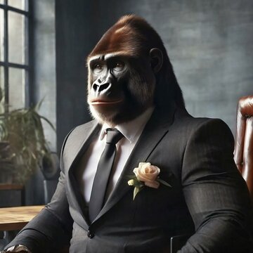 Un gorilla vestito in abiti da cerimonia, molto elegante.