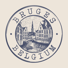 Fototapeta premium Bruges, Belgium Stamp City Postmark. Silhouette Postal Passport. Round Vector Icon. Vintage Postage Design. 
