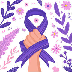message of empowerment and resilience for cancer survivors. A hand forms a fist and grasps a purple ribbon, with soft pink flowers blooming nearby