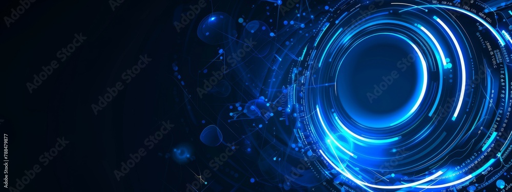 Poster blue digital background vector with circular rings and glowing light effect for technology, science 