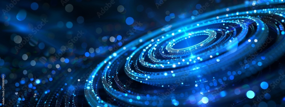 Poster blue digital background with glowing circular rings on dark blue background for technology and inter