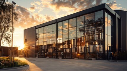 An outside view of the brewery's modern facade with large glass windows, through which the...