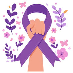 display of solidarity for those battling cancer. A closed fist wrapped in a purple ribbon rests among gentle pink flowers