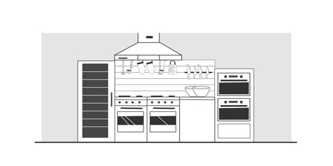 Linear interior illustration of the professional kitchen in restaurant or cafe.