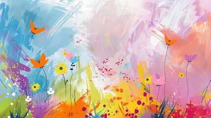 Fototapeta na wymiar A colorful painting of a field of flowers with butterflies flying around. The painting has a bright and cheerful mood, with the flowers and butterflies representing the beauty of nature