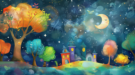 A colorful painting of a forest with a moon in the sky. The mood of the painting is peaceful and serene © dragonflypor9