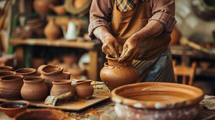 A traditional pottery workshop with an artisan shaping a clay pot - obrazy, fototapety, plakaty