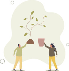 planting trees and plants seedlings. Characters trying to save planet earth from climate change.flat vector illustration.