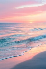 A serene beach scene at sunset with soft pastel colors and a calm ocean, ideal for relaxation themes