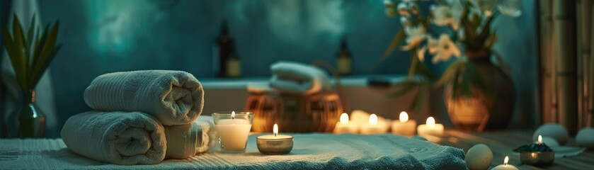A tranquil spa setting with candles, towels, and a serene atmosphere for relaxation - obrazy, fototapety, plakaty