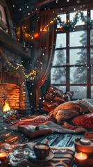 A cozy home interior on a winter day, fireplace lit, with a warm blanket and a cup of hot cocoa on the side - obrazy, fototapety, plakaty