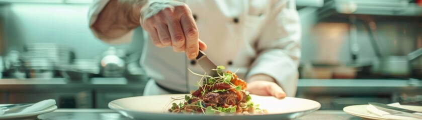 A gourmet chef plating a sophisticated dish in a high-end restaurant kitchen - obrazy, fototapety, plakaty
