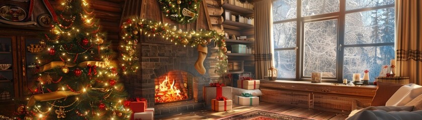A festive Christmas living room with a decorated tree, presents, and a cozy fire in the fireplace - obrazy, fototapety, plakaty