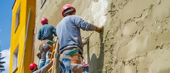 Workers applying stucco to a new exterior, texture, finishing techniques