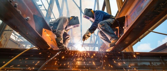 Welders joining steel beams, sparks flying, strength, enduring connections - obrazy, fototapety, plakaty