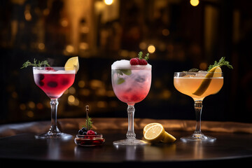 Three different colored cocktails on the bar counter with ice spread around and a shallow depth of field of the bar - 788481495