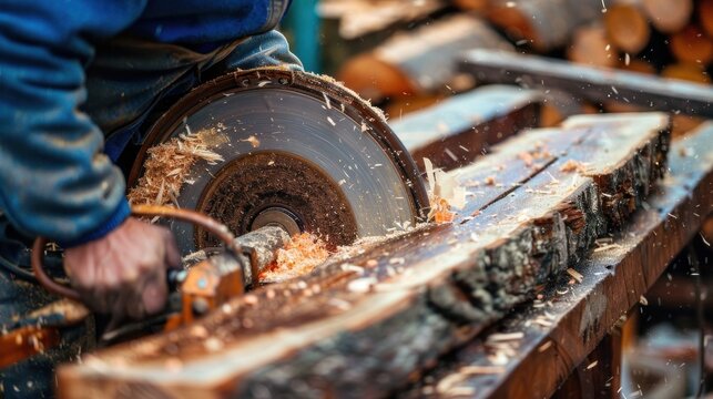 A worker using a circular saw to cut wood. 