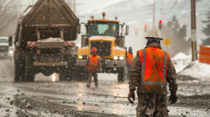 A construction crew working in adverse weather conditions like rain or snow. 