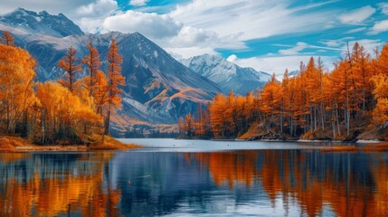 Beautiful landscape of a large lake with mountains and orange trees in autumn in high resolution...