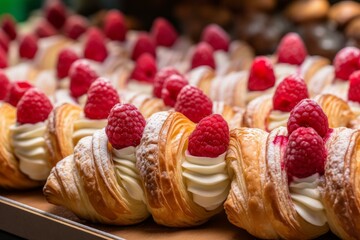 Moist Raspberry puffs bakery. Pastry delicious sweet pastry dessert with berries. Generate ai