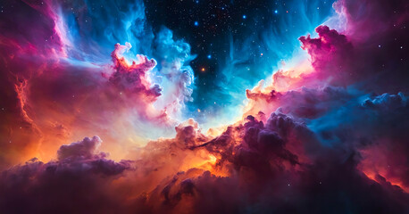 Abstract colorful space background with bright gas and dust swirls and a vivid nebula or supernova.