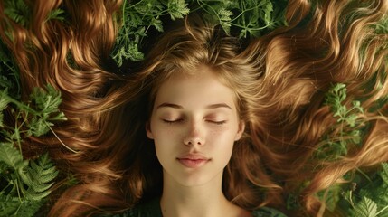 An artistic shot of a woman with long hair, promoting botanical or natural ingredient shampoo. 