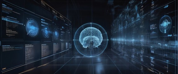 Obraz premium analyze complex data sets in real-time, with no people a digital interface overlaid, in a silhouette double exposure. In the background is a flow of data showing various cyber threats and vulnerabilit