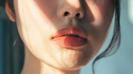 A close-up of an Asian woman's lips with smooth skin, highlighting lip care products.