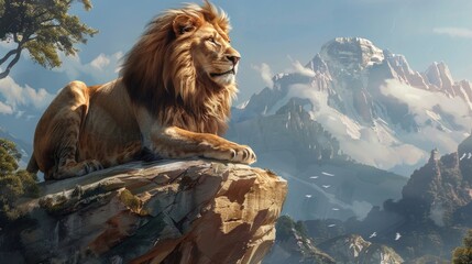 A majestic lion, its mane flowing in the wind as it surveys its territory from the vantage point of...