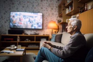 Elder man watching TV or movie on couch in Livingroom - 788483252