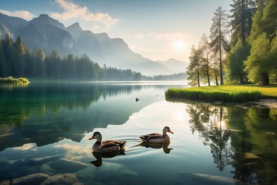 Serene alpine lake nestled amidst majestic mountains, its reflection shimmering in crystal-clear water. Towering trees, a forest of emerald green, and a lone duck gliding across the tranquil surface