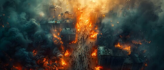 Urban Chaos: Unrest and Flames. Concept Current Events, Social Unrest, Urban Environment, Protest Movements, Civil Disobedience - obrazy, fototapety, plakaty