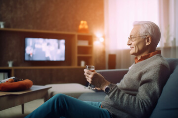 Elder man watching TV or movie on couch in Livingroom - 788483497