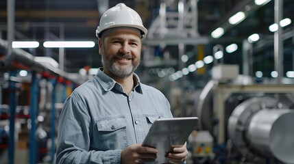Skilled Engineer's Triumph: A Happy Professional Guiding a Seamless Production Line with Tablet Technology