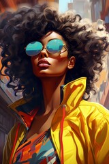 Impactful color paint of beautiful woman, sunglasses, highly detailed, vibrant colors