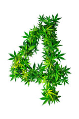 An number 4 is intricately formed using vibrant green cannabis leaves, creating a natural and unique display. Alphabet. Isolated.