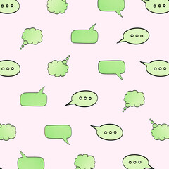 Pattern made of green speech bubbles on a pink background. Comic cloud with a place for text.