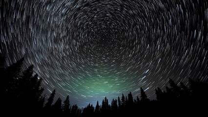 A wide-angle view looking up into the night sky at stars rotating around the North Star known as...