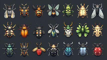cartoon insect icon set, generative ai