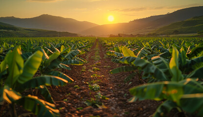 Obraz premium A field of banana plants with a sun in the sky. The sun is setting behind the mountains