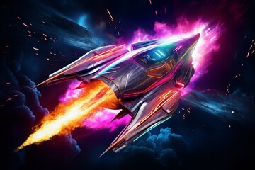 Vibrant neon hues bring a futuristic flair to a dynamic painting of a spaceship rocket, showcasing the boundless possibilities of futuristic artistry on dark black background. - obrazy, fototapety, plakaty